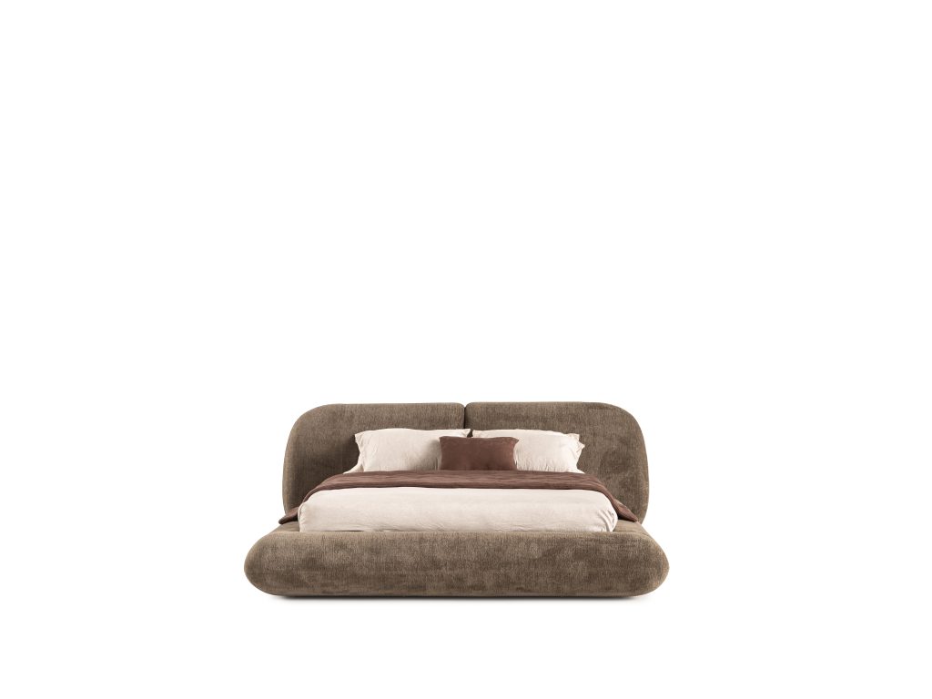 Sardunya Opera upholstered bed collection frontal studio view; reference exterior appearance, size and storage configuration vary